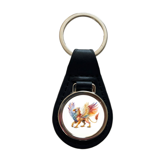 Fantasy Griffin Mythical Creature Watercolor Black Leather Metal Keychain
