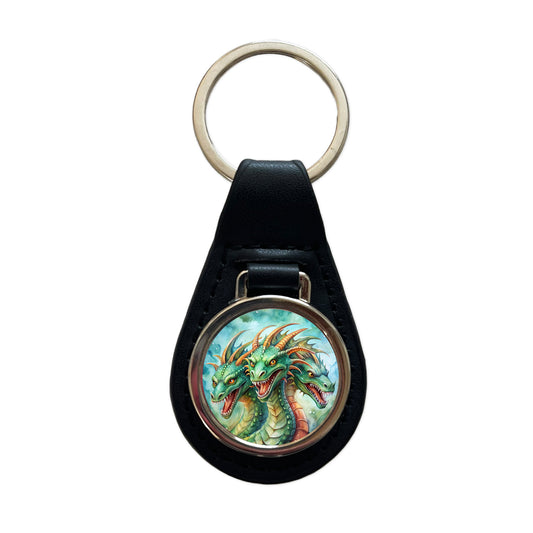 Fantasy Hydra Heads Mythical Monster Watercolor Black Leather Metal Keychain