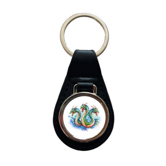Fantasy Hydra Mythical Creature Watercolor Black Leather Metal Keychain