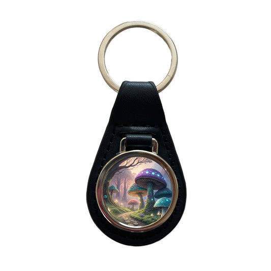 Fantasy Mushroom Forest Path Black Leather Metal Keychain