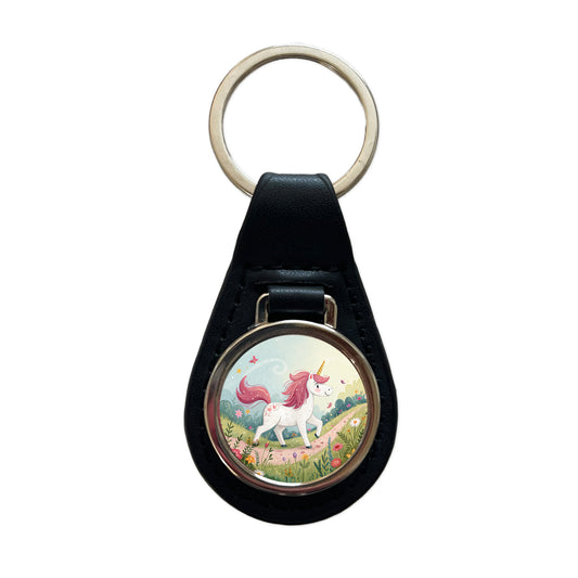 Fantasy Unicorn Children's Illustration Style Black Leather Metal Keychain