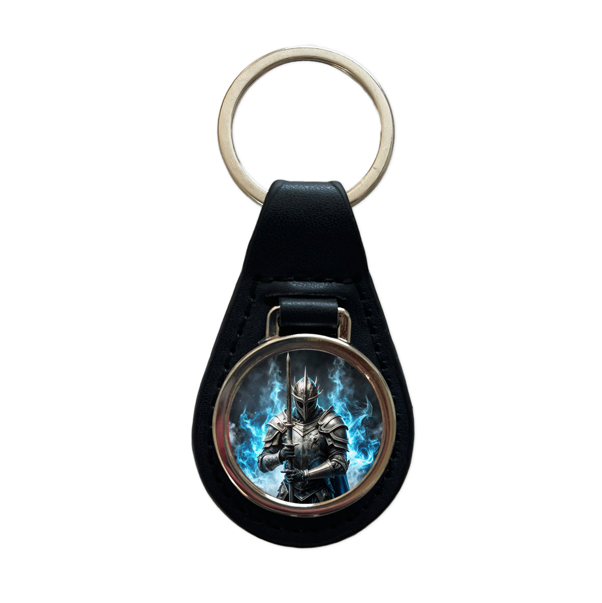 Fantasy Warrior Knight Blue Flames Black Leather Metal Keychain