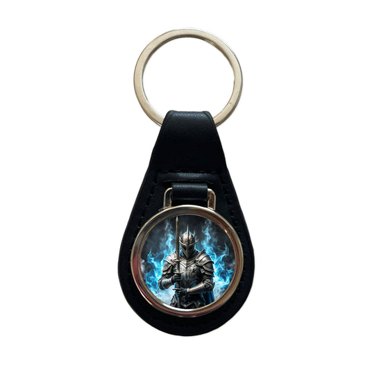 Fantasy Warrior Knight Blue Flames Black Leather Metal Keychain