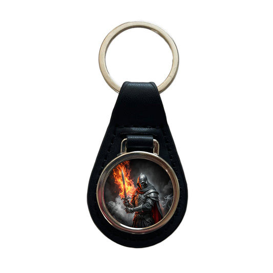 Fantasy Warrior Knight with Flaming Sword Black Leather Metal Keychain
