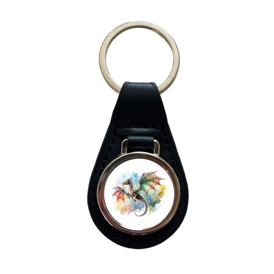 Fantasy Wyvern Dragon In Flight Watercolor Black Leather Metal Keychain