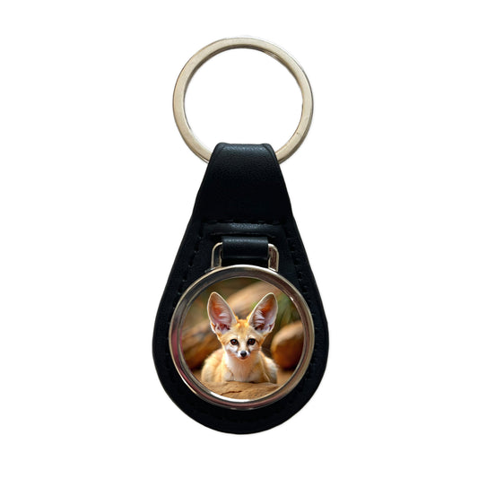 Fennec Fox Black Leather Metal Keychain