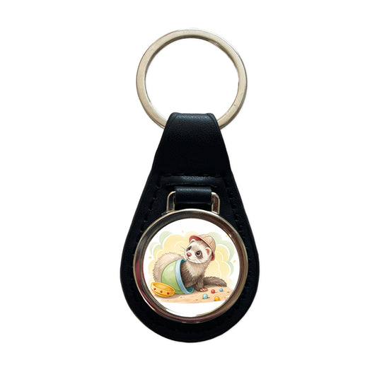 Ferret Children's Illustration Style Black Leather Metal Keychain