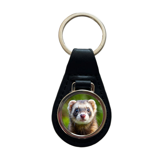 Ferret Black Leather Metal Keychain
