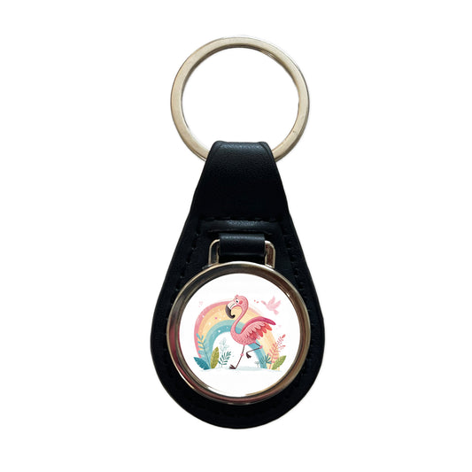 Flamingo and Rainbow Children's Illustration Style Black Leather Metal Keychain