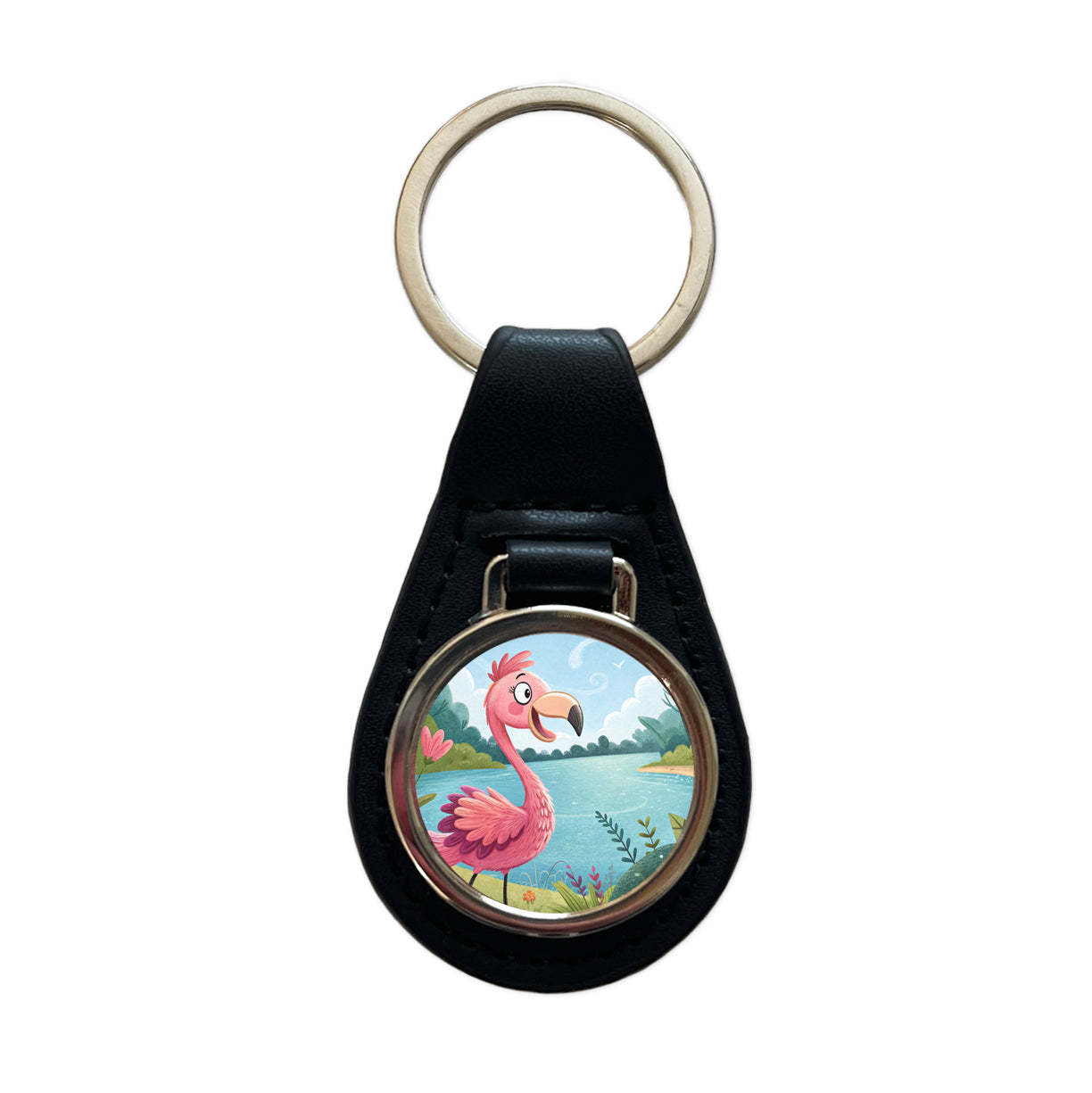 Flamingo Children's Illustration Style Black Leather Metal Keychain