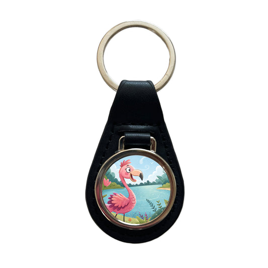 Flamingo Children's Illustration Style Black Leather Metal Keychain