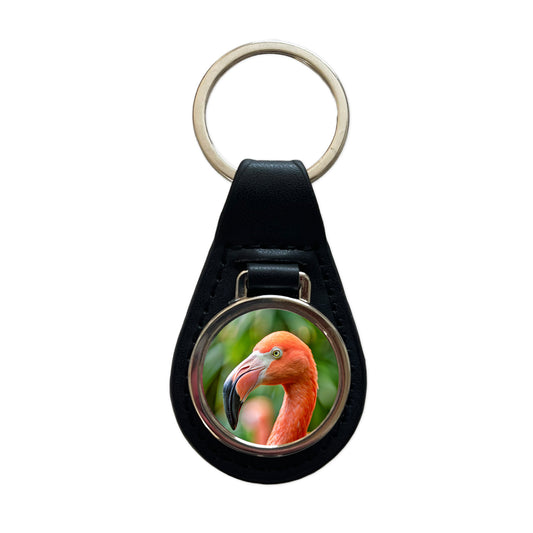 Flamingo Face Black Leather Metal Keychain
