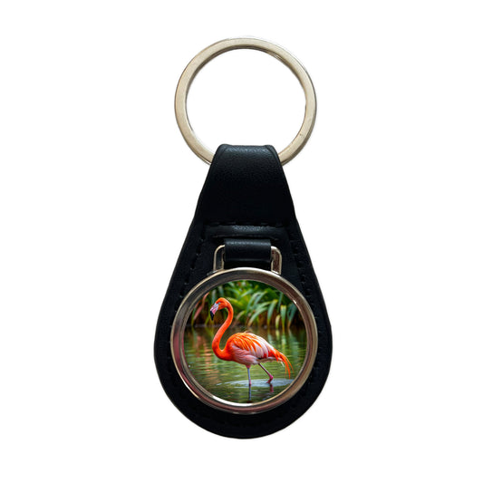Flamingo Black Leather Metal Keychain