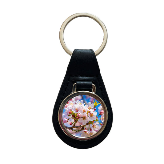 Flowering Cherry Tree Branch Black Leather Metal Keychain