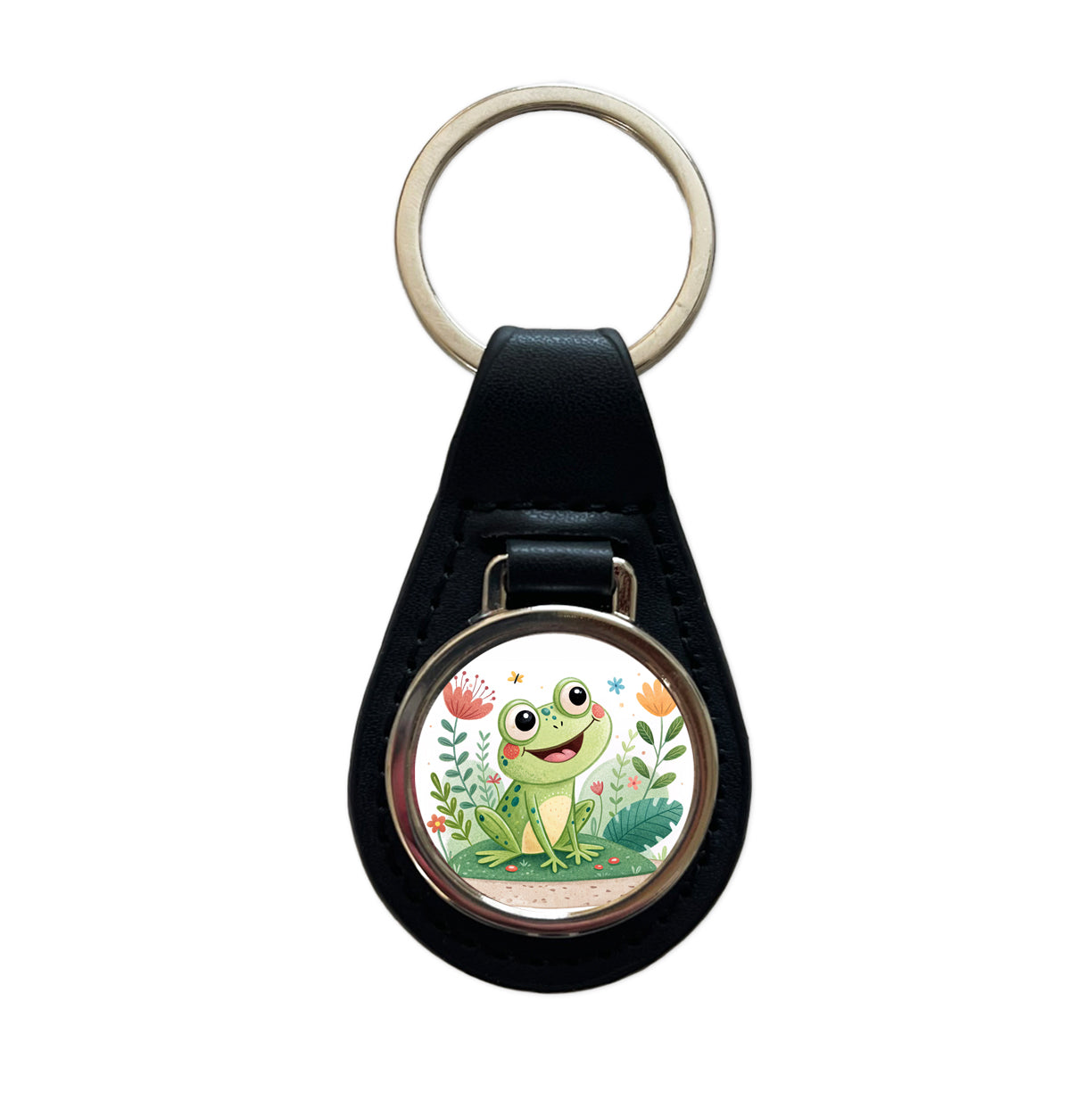 Frog Children's Illustration Style Black Leather Metal Keychain