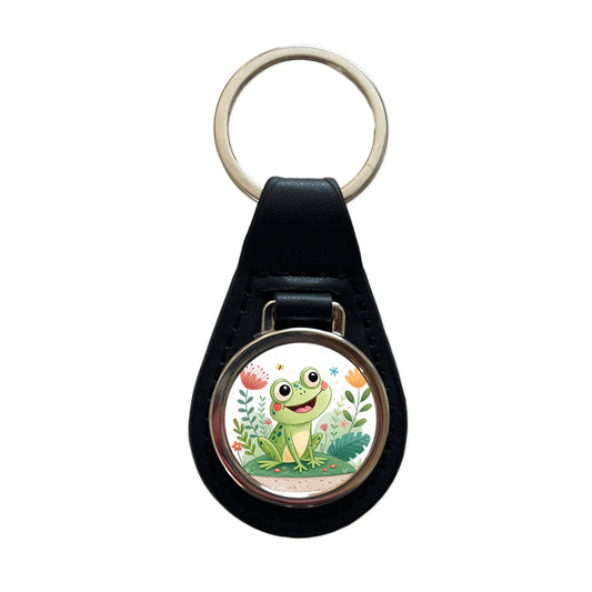Frog Children's Illustration Style Black Leather Metal Keychain