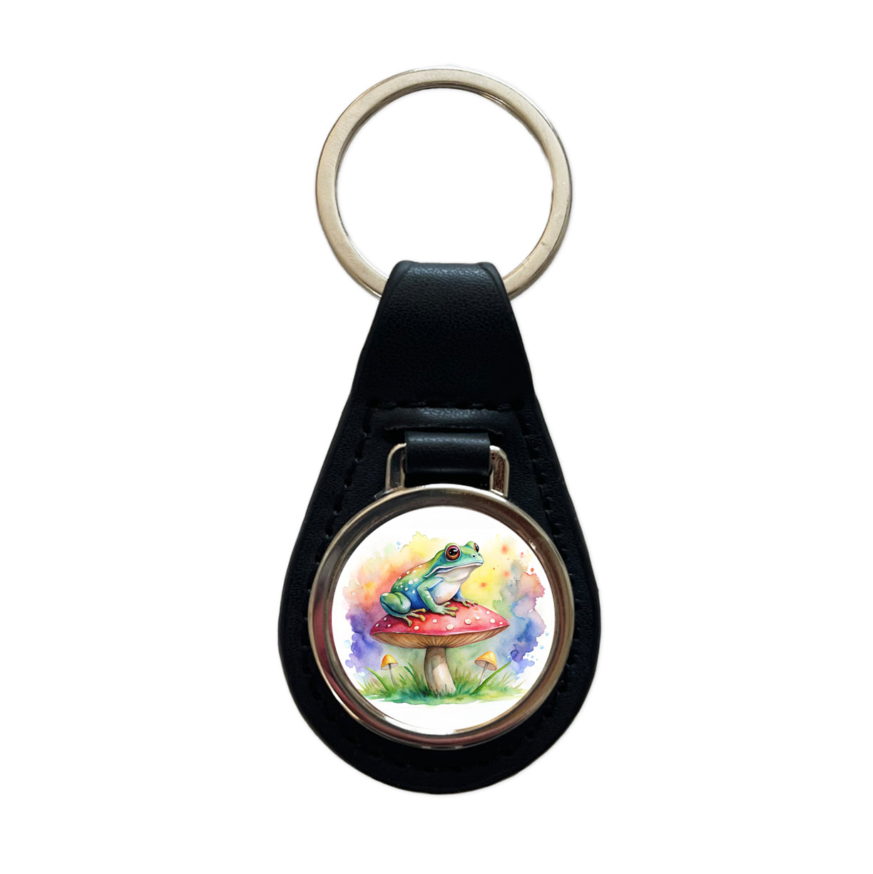 Frog Sitting On A Magical Mushroom Watercolor Black Leather Metal Keychain