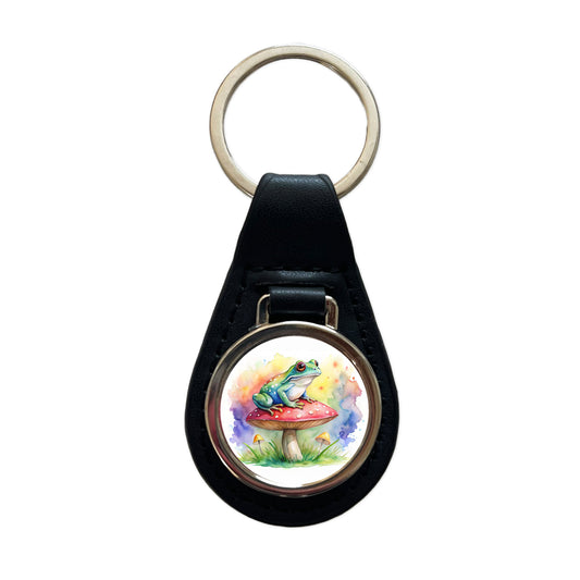 Frog Sitting On A Magical Mushroom Watercolor Black Leather Metal Keychain