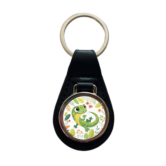 Gecko Lizard Children's Illustration Style Black Leather Metal Keychain