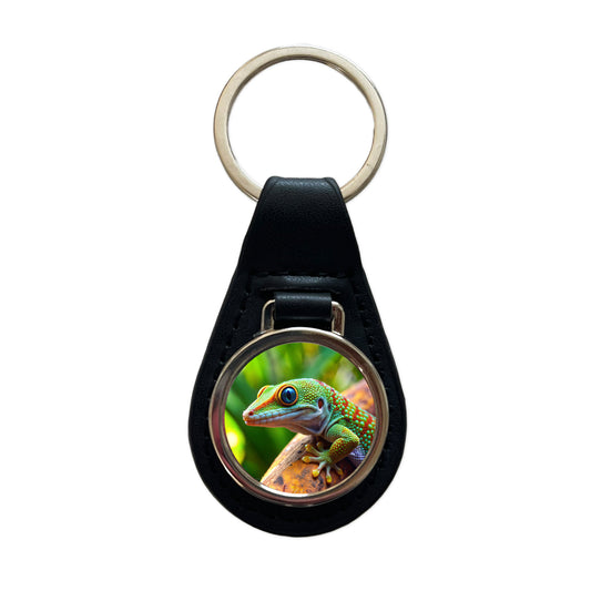 Gecko Lizard Reptile Black Leather Metal Keychain