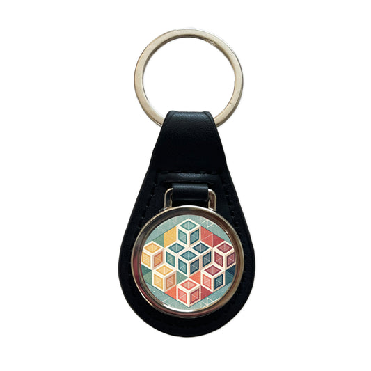 Geometric Cube Pattern Design Black Leather Metal Keychain