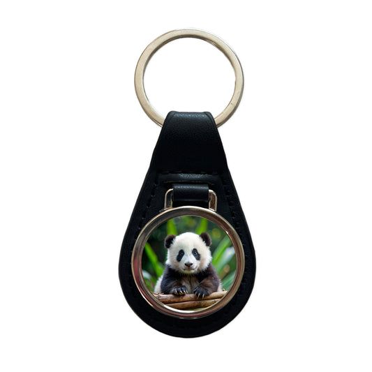 Giant Panda Baby Black Leather Metal Keychain