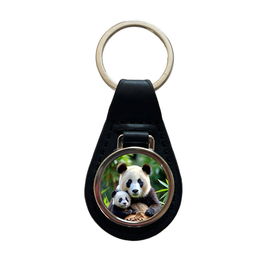 Giant Panda Mother With Baby Black Leather Metal Keychain