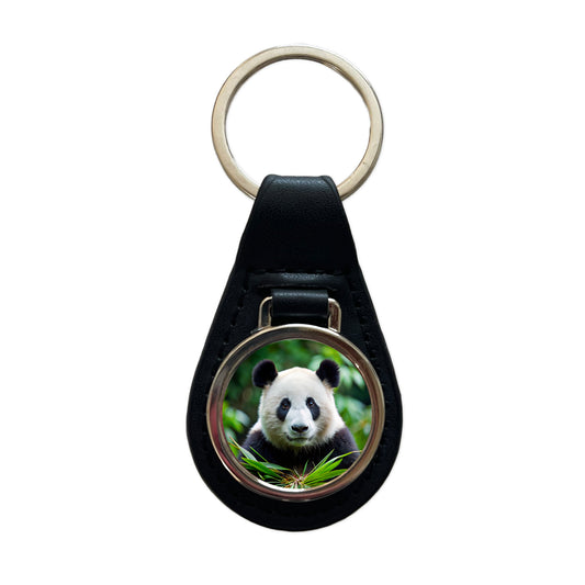 Giant Panda Black Leather Metal Keychain