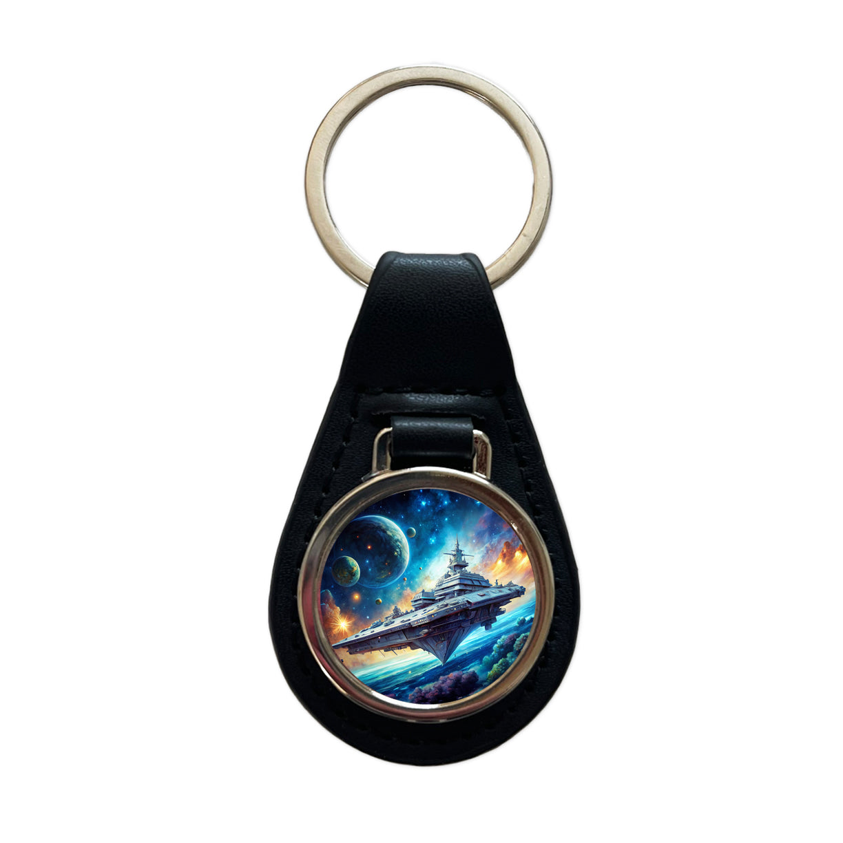 Giant Sci-Fi Warship In Space Watercolor Black Leather Metal Keychain