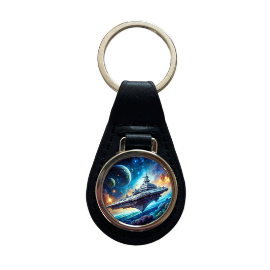 Giant Sci-Fi Warship In Space Watercolor Black Leather Metal Keychain