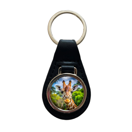 Giraffe Face Black Leather Metal Keychain