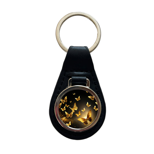Gold Butterflies Flying Black Leather Metal Keychain