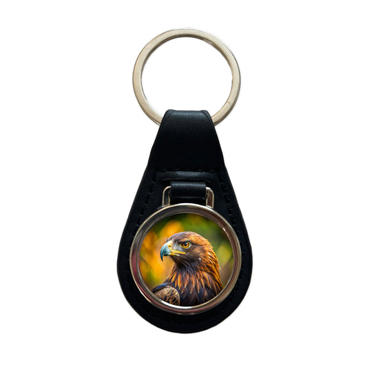 Golden Eagle Raptor Bird Of Prey Black Leather Metal Keychain
