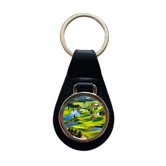 Golf Course Overview Black Leather Metal Keychain