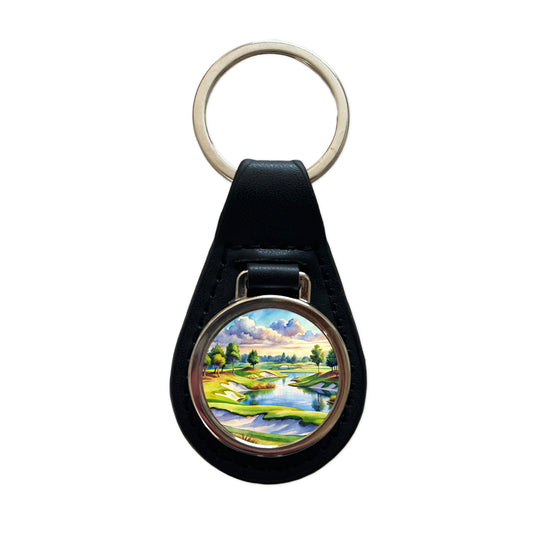 Golf Course With Sand Traps And Lake Watercolor Black Leather Metal Keychain