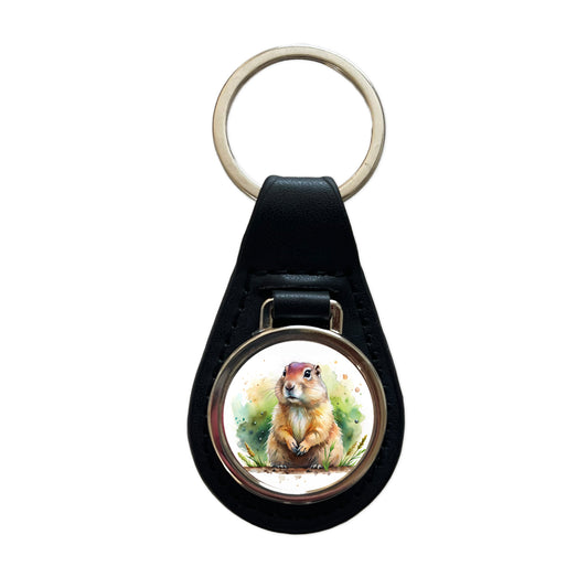 Gopher Watercolor Black Leather Metal Keychain