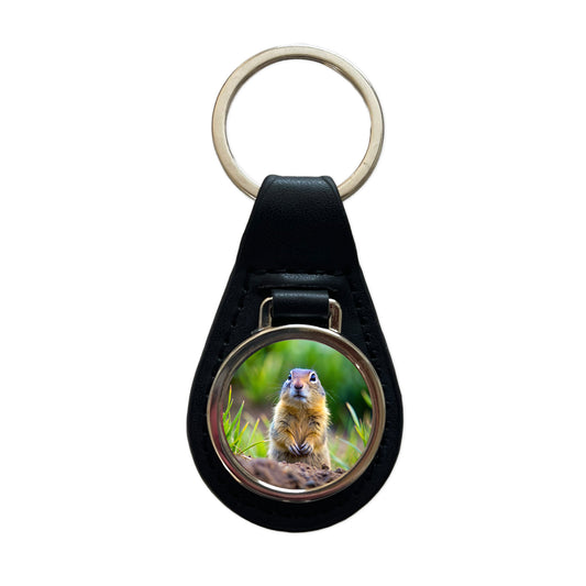 Gopher Black Leather Metal Keychain
