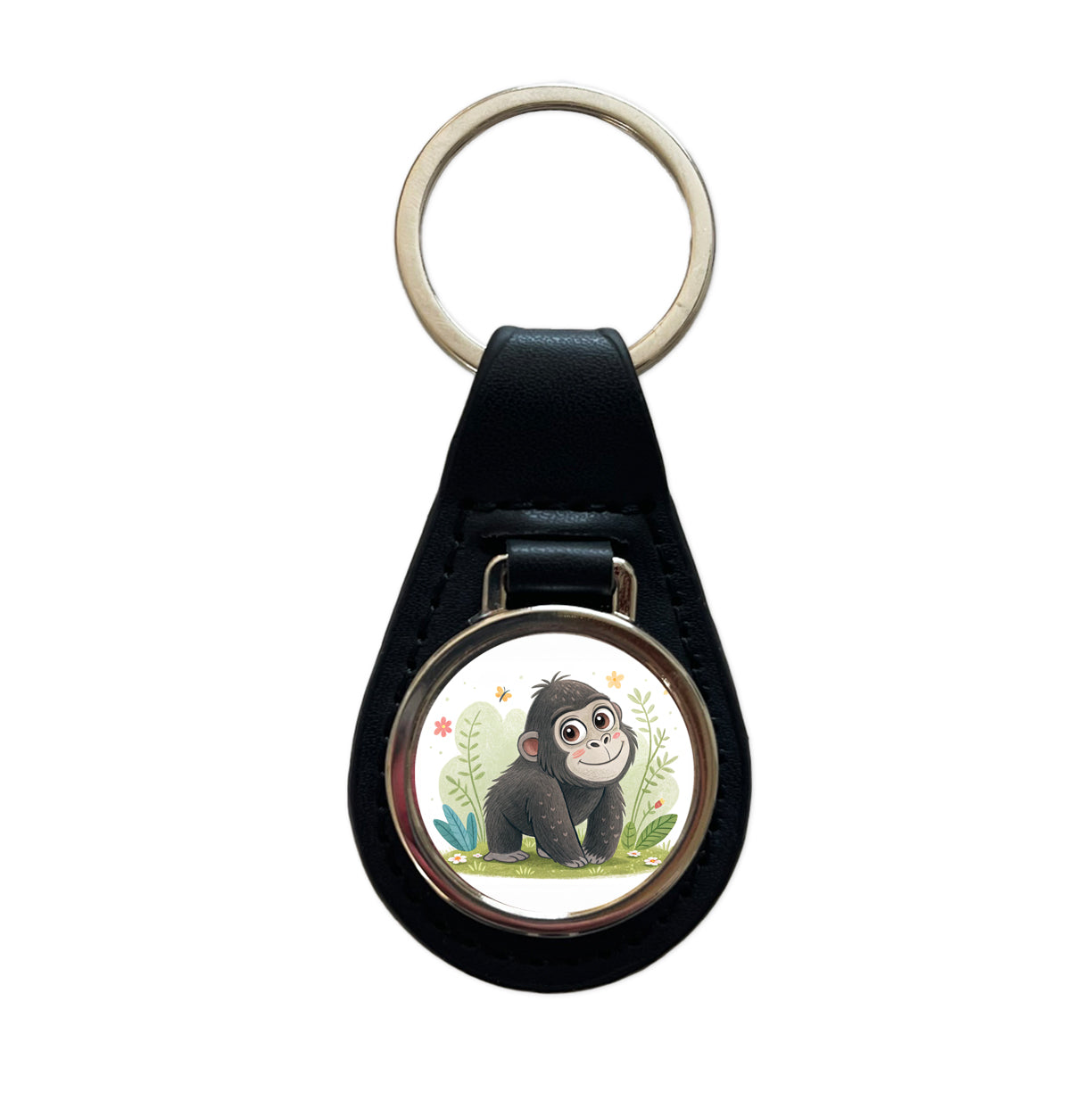 Gorilla Ape Children's Illustration Style Black Leather Metal Keychain