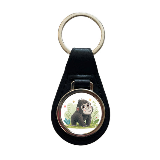 Gorilla Ape Children's Illustration Style Black Leather Metal Keychain