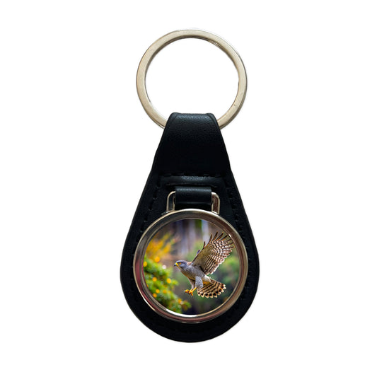 Goshawk Flying Raptor Bird Of Prey Black Leather Metal Keychain