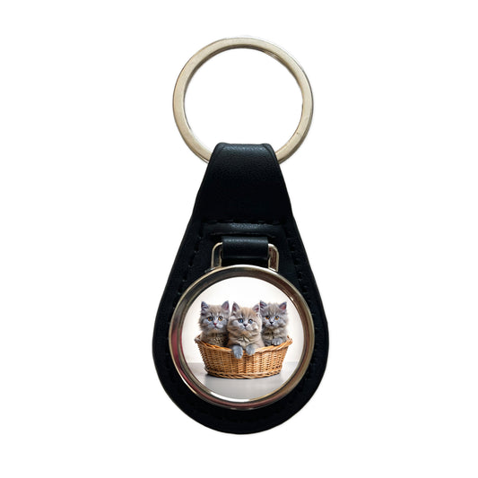 Gray British Longhair Kittens In A Basket Black Leather Metal Keychain