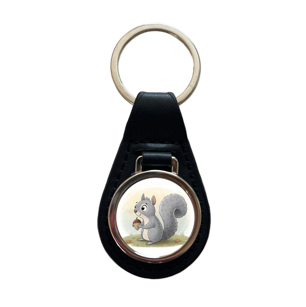 Gray Squirrel Children's Illustration Style Black Leather Metal Keychain