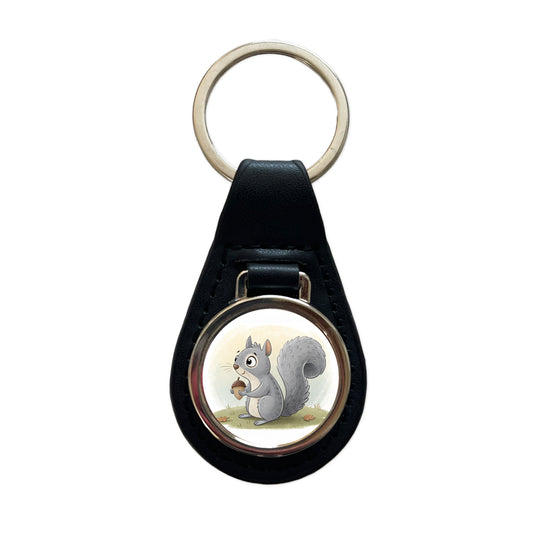 Gray Squirrel Children's Illustration Style Black Leather Metal Keychain