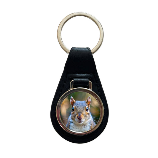 Gray Squirrel Face Black Leather Metal Keychain