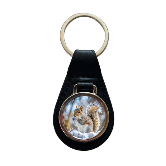 Gray Squirrel In Winter Black Leather Metal Keychain