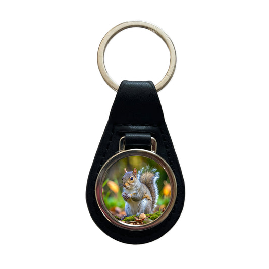Gray Squirrel Black Leather Metal Keychain