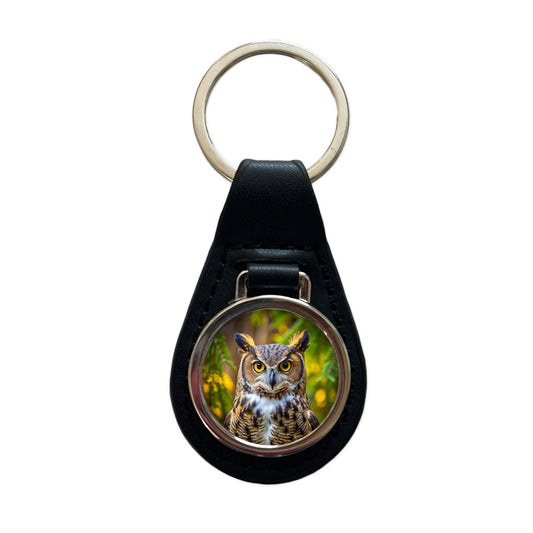 Great Horned Owl Raptor Bird Of Prey Black Leather Metal Keychain