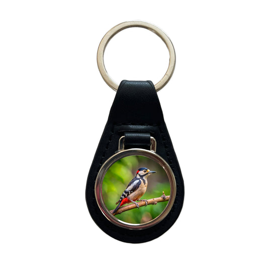 Great Spotted Woodpecker Backyard Bird Black Leather Metal Keychain