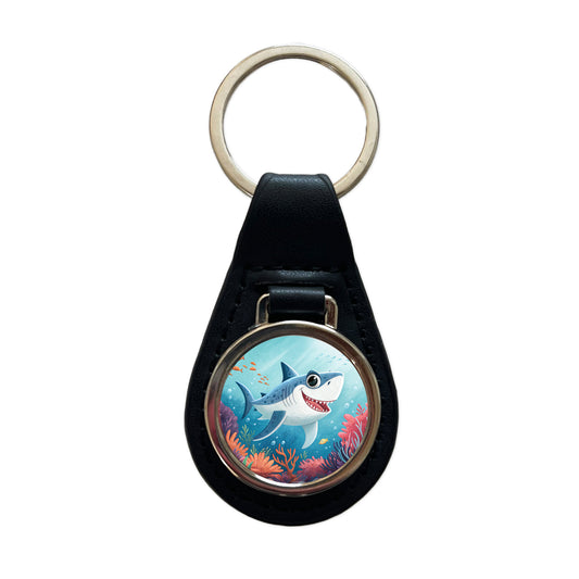 Great White Shark Children's Illustration Style Black Leather Metal Keychain