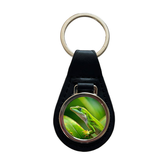 Green Anole Lizard Reptile Black Leather Metal Keychain